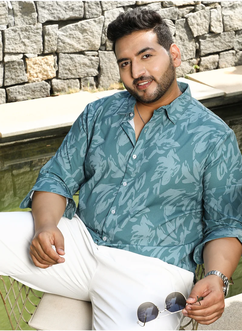Instafab Plus Instafab Plus Men's Sea Green Florique Imprint Shirt For Casual Wear | Spread Collar | Long Cuffed Sleeves | Button Closure | Plus Size Shirt Crafted With Comfort Fit For Everyday Wear