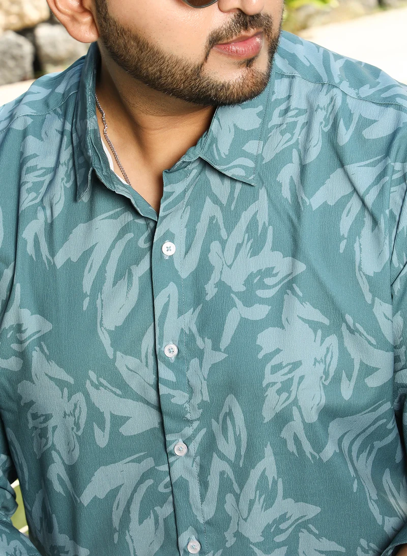 Instafab Plus Instafab Plus Men's Sea Green Florique Imprint Shirt For Casual Wear | Spread Collar | Long Cuffed Sleeves | Button Closure | Plus Size Shirt Crafted With Comfort Fit For Everyday Wear