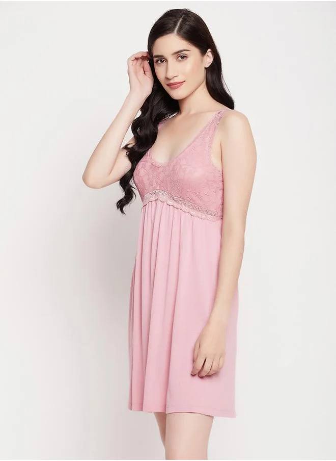 Clovia Clovia Lace Insert V Neck Cotton Nightdress