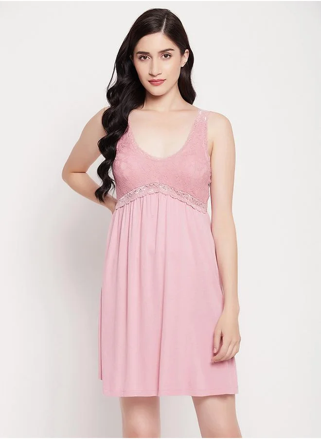 Clovia Lace Insert V Neck Cotton Nightdress