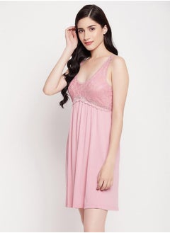 Clovia Lace Insert V Neck Cotton Nightdress by Styli  - Image 3