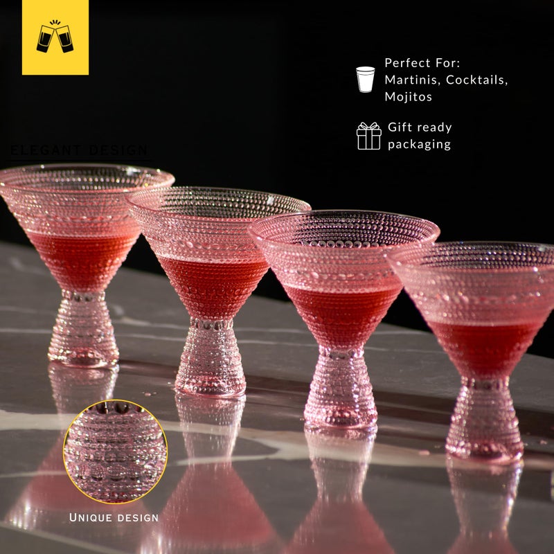LEMONSODA Hobnail Pink/Clear Martini Glasses Vintage Cocktail Glasses (9oz) for Martini, Cocktail, Margarita, Cosmopolitan, Manhattan (Pink, Set of 4) - Image 2