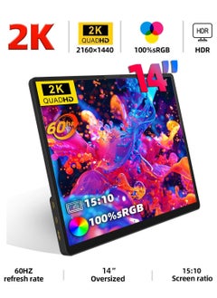 HILUKE 2K Portable Monitor, 14" Ultra Slim Portable Laptop Monitor 2160 * 1440 QHD External Display with Dual Speakers HDR FreeSync Second Screen for Laptop PC Phone Game Console  - Image 1