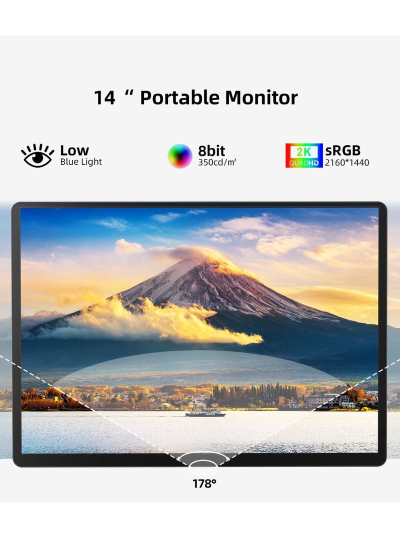 HILUKE - 2K Portable Monitor, 14" Ultra Slim Portable Laptop Monitor 2160 * 1440 QHD External Display with Dual Speakers HDR FreeSync Second Screen for Laptop PC Phone Game Console - Image 1