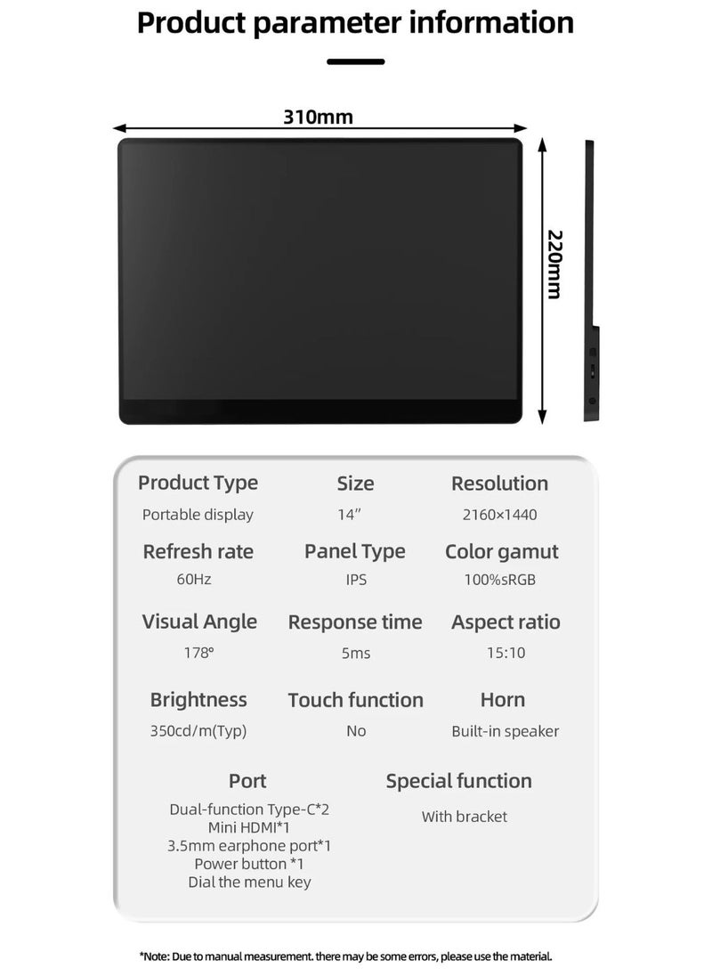 HILUKE - 2K Portable Monitor, 14" Ultra Slim Portable Laptop Monitor 2160 * 1440 QHD External Display with Dual Speakers HDR FreeSync Second Screen for Laptop PC Phone Game Console - Image 1