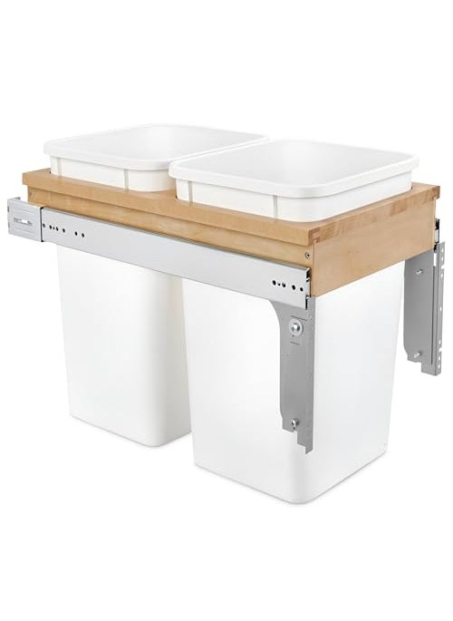 Rev-A-Shelf RevAShelf Double Pullout Trash Can for Base KitchenBathroom Cabinets 27 Qt Wood Top Mount Garbage Bin 12 x 15 FaceFrame White 4WCTM15DM2 