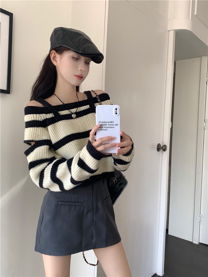Design Sense Niche Slim-Fit Slim Contrast Color Striped Long-Sleeved T-Shirt Autumn New Elegant Shoulder Short Top Ins - Image 3