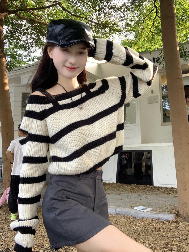 Design Sense Niche Slim-Fit Slim Contrast Color Striped Long-Sleeved T-Shirt Autumn New Elegant Shoulder Short Top Ins - Image 5