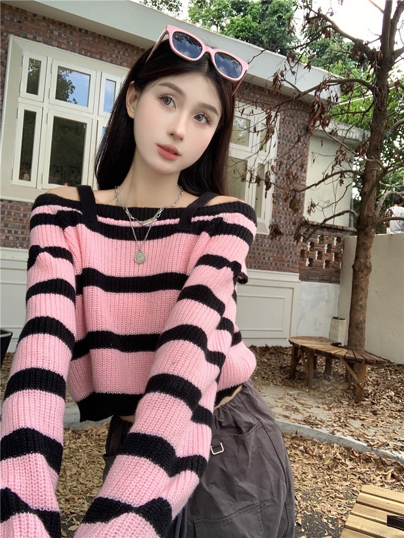 Design Sense Niche Slim-Fit Slim Contrast Color Striped Long-Sleeved T-Shirt Autumn New Elegant Shoulder Short Top Ins - Image 2