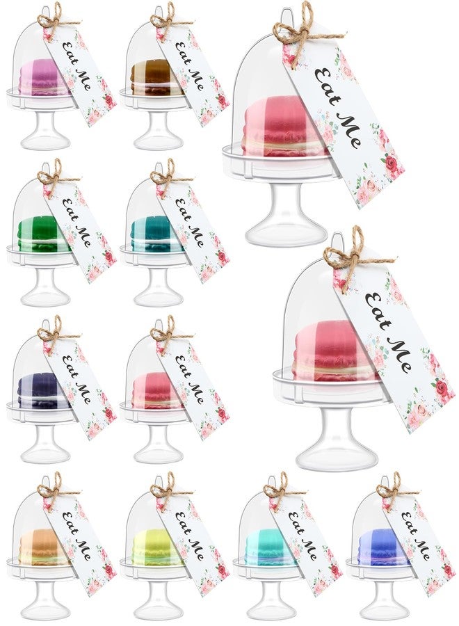 Maxcheck 12 Set Mini Cake Stand with Lid Plastic Cupcake Stand Plate Dome Cover Tea Party Cake Dome Clear Dessert Tray with Eat Me Tags for Birthday Wedding Party Supplies - Image 1