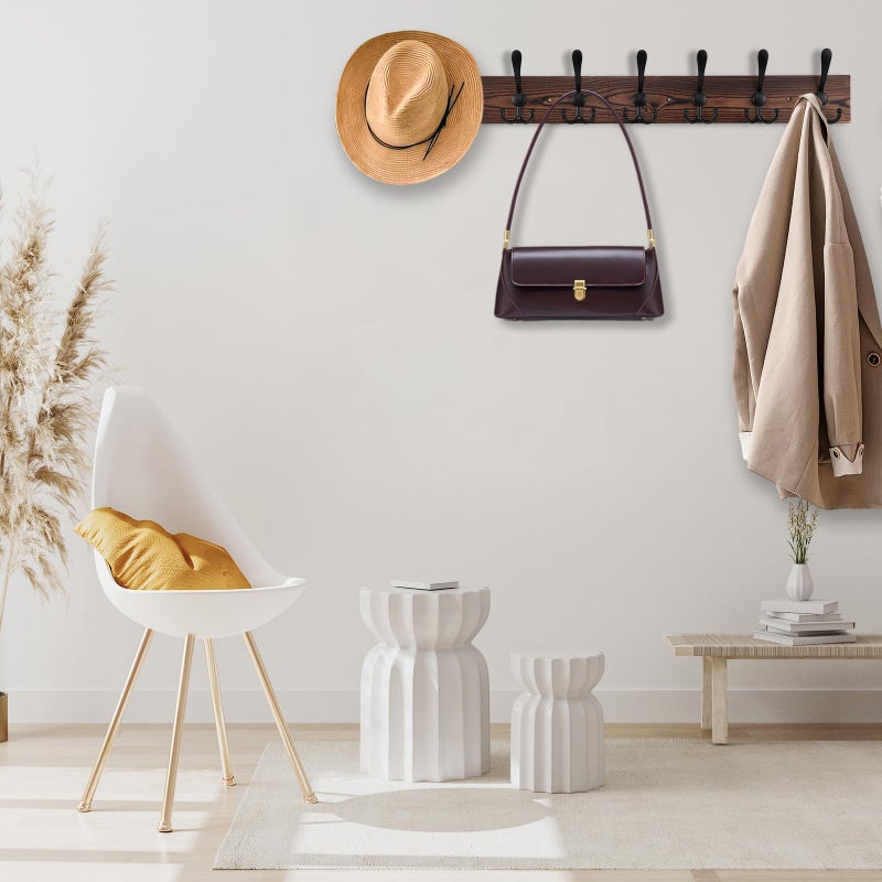 Kuhome 32.2'' Large Coat Rack Wall Mount Coat Hooks Coat Hanger with 8 Metal Black Triple- Hooks Brown Pine Real Wood Plank Hat Rack for Wall Hooks for Hanging Coat Hat Jacket - Image 4