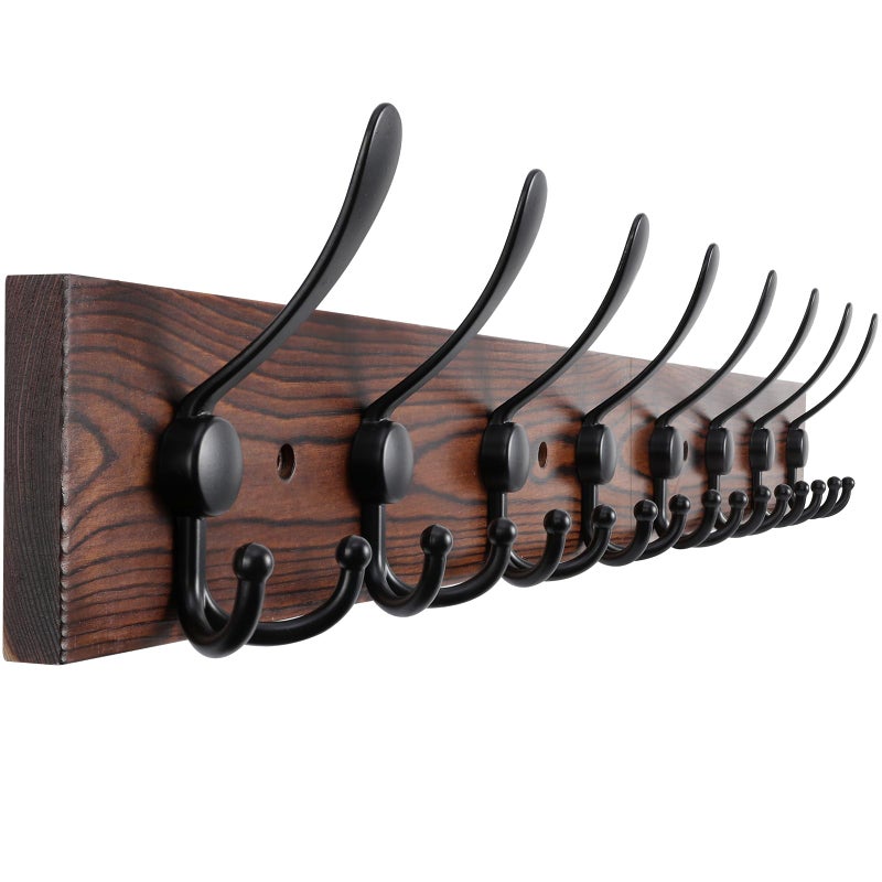 Kuhome 32.2'' Large Coat Rack Wall Mount Coat Hooks Coat Hanger with 8 Metal Black Triple- Hooks Brown Pine Real Wood Plank Hat Rack for Wall Hooks for Hanging Coat Hat Jacket - Image 1