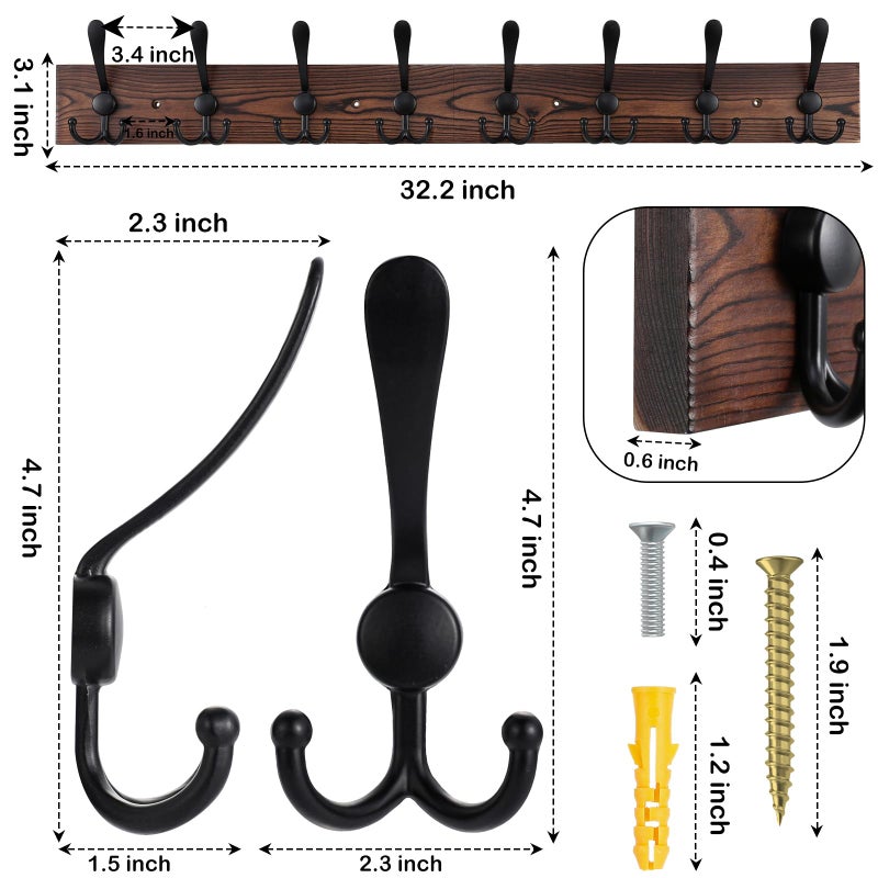 Kuhome 32.2'' Large Coat Rack Wall Mount Coat Hooks Coat Hanger with 8 Metal Black Triple- Hooks Brown Pine Real Wood Plank Hat Rack for Wall Hooks for Hanging Coat Hat Jacket - Image 2