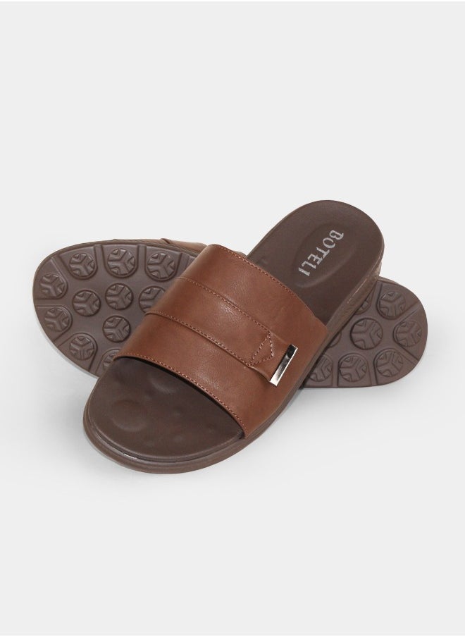 BOTELI Mens All-Weather PU Flat Sandals with Bare Fingers Design Fashionable Slides Slippers for Home Pool Beach  - Image 1