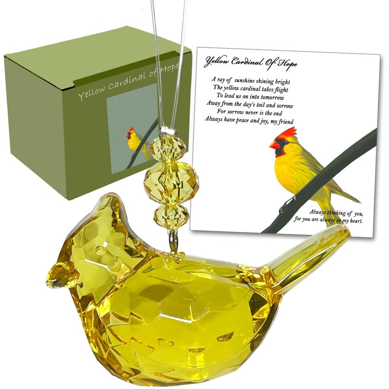 Elskandi Yellow Cardinal of Hope Ornament  Peace & Joy  Hope & Optimism Gift Set Acrylic Bird Ornament  Yellow Bird Gifts  Yellow Cardinal D?cor  Acrylic Window D?cor  Suction Cup  Poem - Image 1