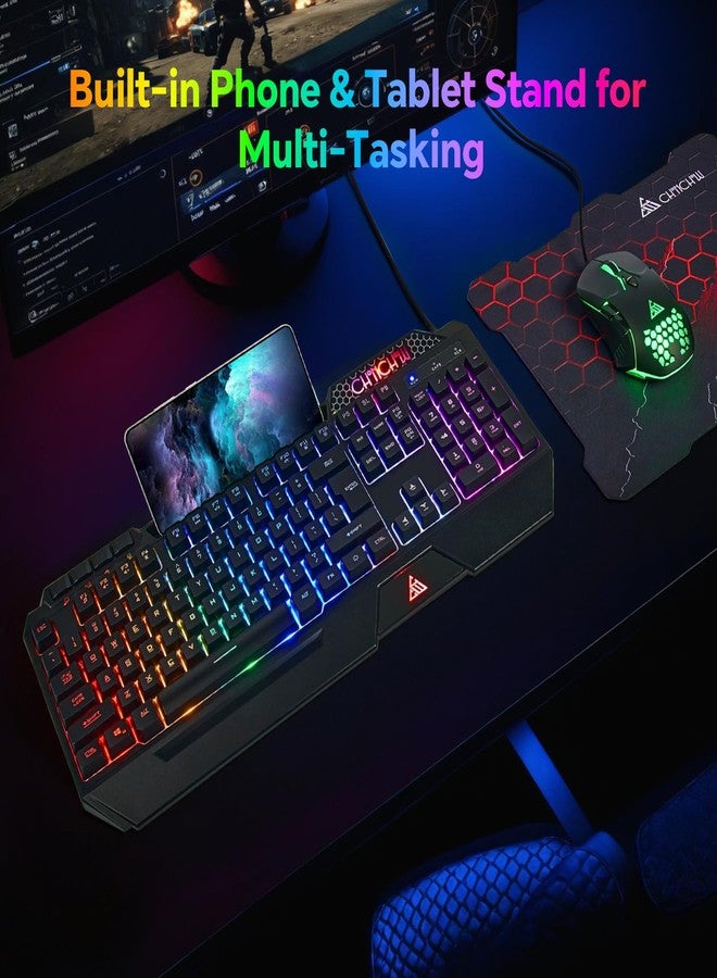 CHONCHOW Gaming Keyboard and Mouse Combo, USB Wired RGB Backlit Anti-Ghosting Silent Keyboard with Ergonomic Wrist Rest & Phone Holder, 7D 7200DPI Gaming Mouse for PC Gamer Xbox PS4 PS5 (RGB-Black) - Image 3
