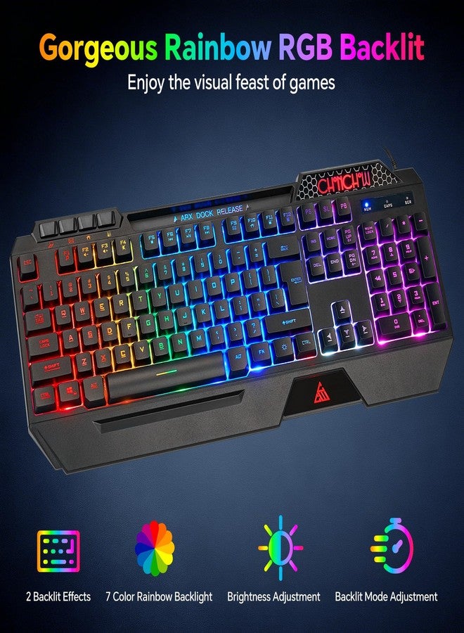 CHONCHOW Gaming Keyboard and Mouse Combo, USB Wired RGB Backlit Anti-Ghosting Silent Keyboard with Ergonomic Wrist Rest & Phone Holder, 7D 7200DPI Gaming Mouse for PC Gamer Xbox PS4 PS5 (RGB-Black) - Image 2