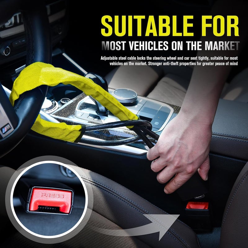 Autobizarre Anti-Theft Heavy Duty Security Adjustable Steering Wheel Lock With Seat Belt Lock Universal for All Cars (Yellow) - Image 2