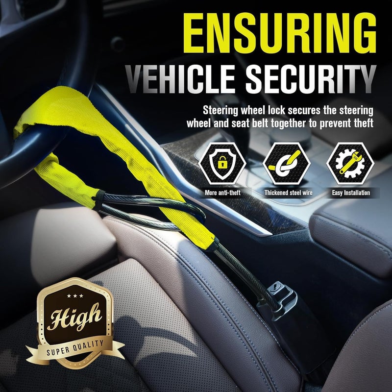 Autobizarre Anti-Theft Heavy Duty Security Adjustable Steering Wheel Lock With Seat Belt Lock Universal for All Cars (Yellow) - Image 3