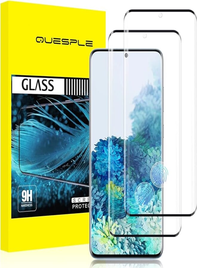 QUESPLE [2 Pieces] Tempered Glass for Samsung Galaxy S20, High Quality 3D Curved Full Coverage, 9H Hardness, Bubble-Free, Screen Protector, Compatible with Fingerprint Reader