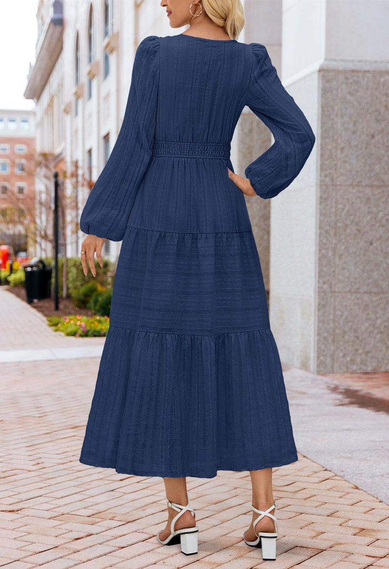MEROKEETY Winter Spring Midi Dresses for Women 2026 Casual Vacation Long Sleeve V Neck Tiered Cotton Maxi Dress Pockets, Navy, X-Large - Image 3
