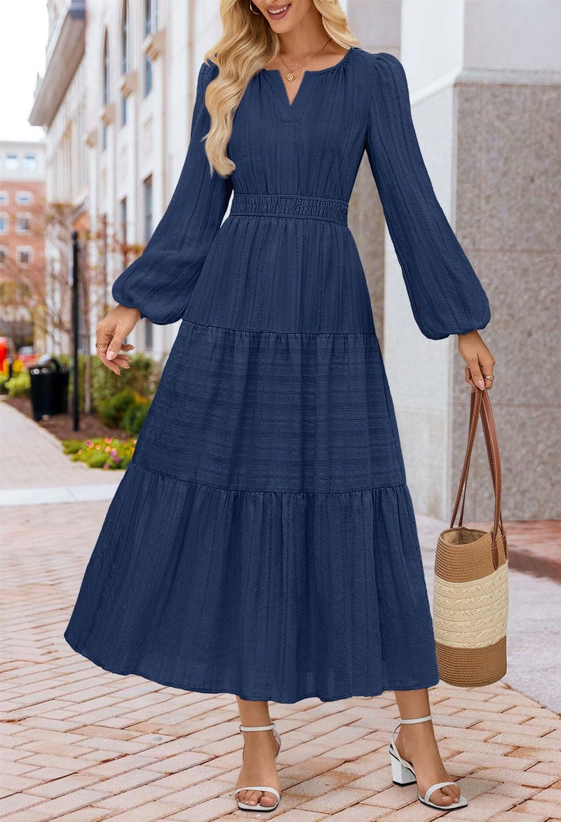 MEROKEETY Winter Spring Midi Dresses for Women 2026 Casual Vacation Long Sleeve V Neck Tiered Cotton Maxi Dress Pockets, Navy, X-Large - Image 2