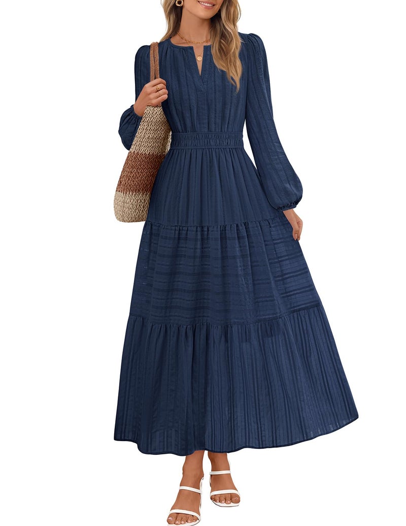 MEROKEETY Winter Spring Midi Dresses for Women 2026 Casual Vacation Long Sleeve V Neck Tiered Cotton Maxi Dress Pockets, Navy, X-Large - Image 1