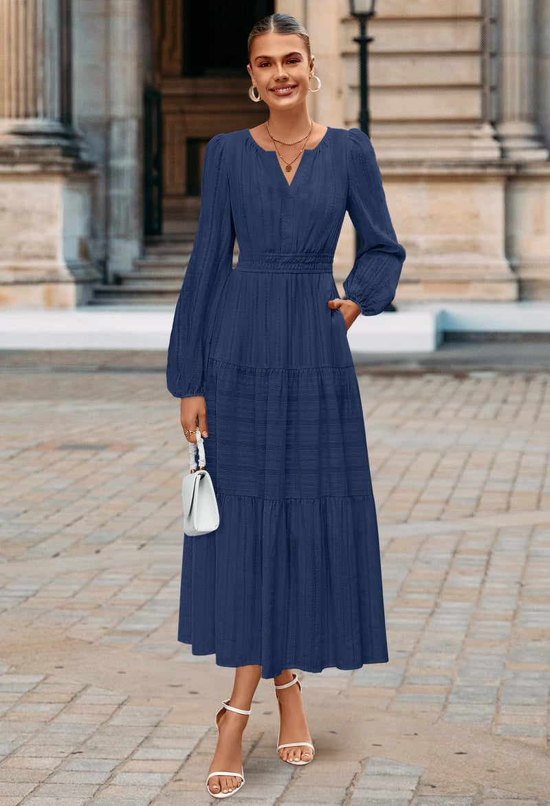 MEROKEETY Winter Spring Midi Dresses for Women 2026 Casual Vacation Long Sleeve V Neck Tiered Cotton Maxi Dress Pockets, Navy, X-Large - Image 4