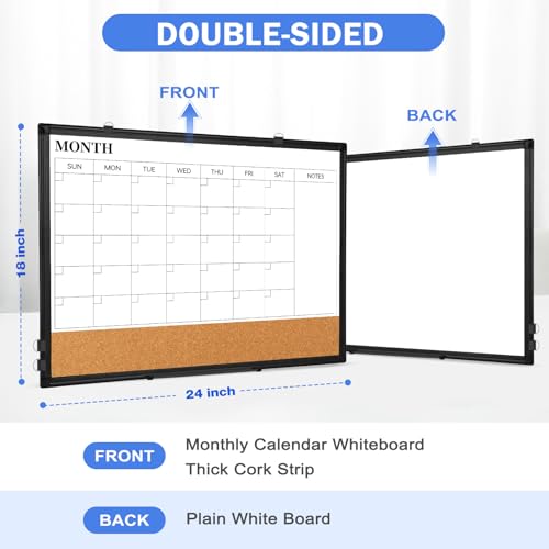 WALGLASS Monthly Calendar Whiteboard Dry Erase Cork Board Combo, 24" x 18" Magnetic Double-Sided Calendar White Board and Bulletin Board with Black Aluminium Frame, Portable Whiteboard for Office, Home, School - Image 2