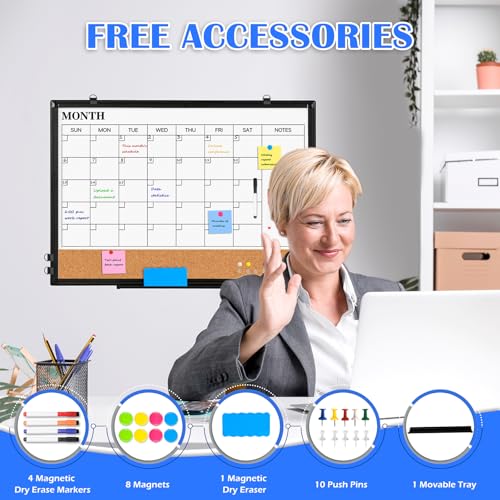 WALGLASS Monthly Calendar Whiteboard Dry Erase Cork Board Combo, 24" x 18" Magnetic Double-Sided Calendar White Board and Bulletin Board with Black Aluminium Frame, Portable Whiteboard for Office, Home, School - Image 5