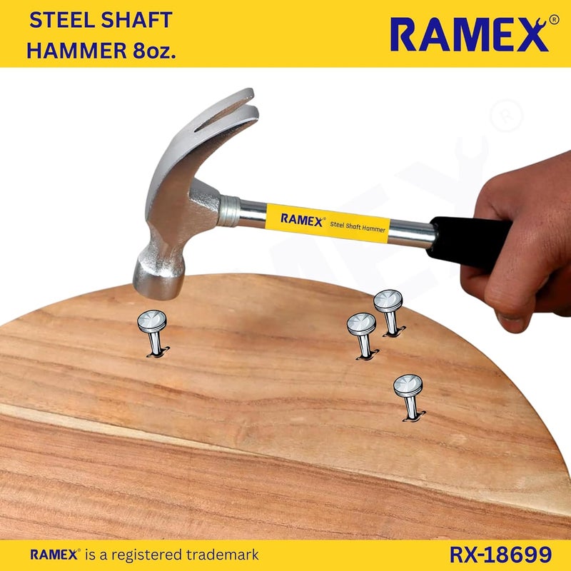 Ramex Steel Shaft Hammer 8 Oz - Forged Steel Head for Superior Strength & Durability - Carpenter Tools for Wood Work, Home and Professional, 2 in 1 Combination Claw & Flat Head, 400gm (Pack of 1), DIY - Image 2
