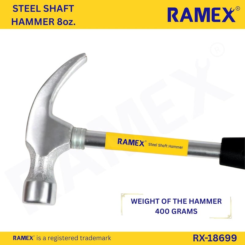 Ramex Steel Shaft Hammer 8 Oz - Forged Steel Head for Superior Strength & Durability - Carpenter Tools for Wood Work, Home and Professional, 2 in 1 Combination Claw & Flat Head, 400gm (Pack of 1), DIY - Image 3