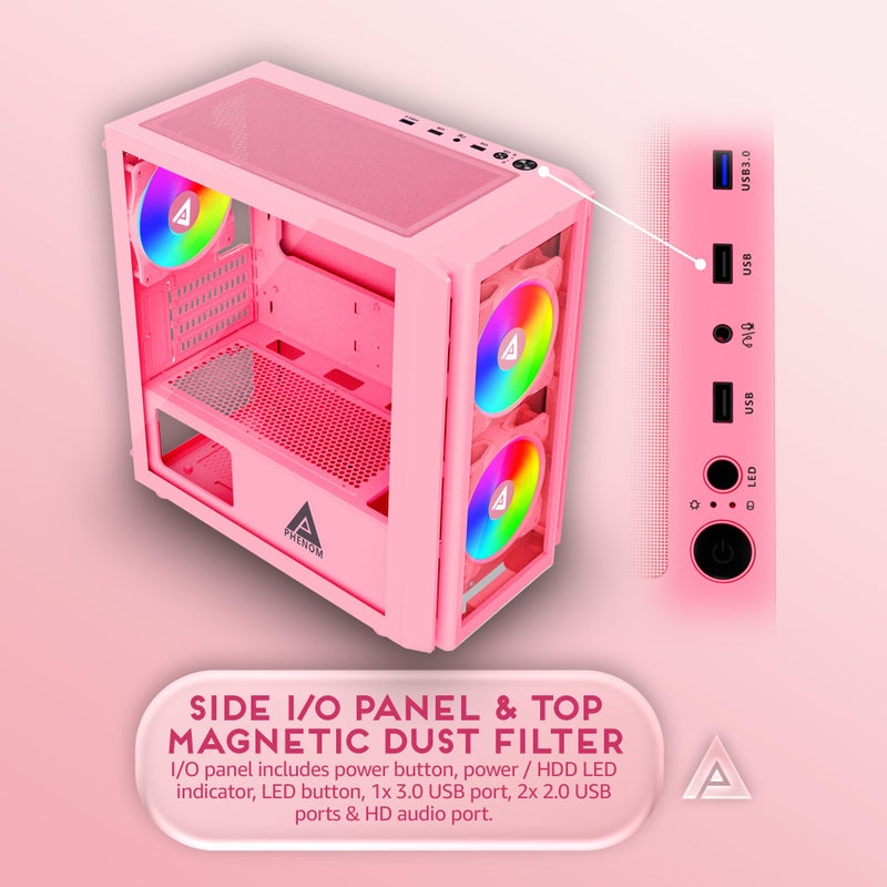 APEVIA حافظة ألعاب Apevia Phenom-PK Micro-ATX مع 3 مراوح ARGB بحجم 120 مم، 366 وضع إضاءة RGB، لوحة أمامية زجاجية واحدة، دعم بطاقة رسومات 340 مم، 1 منفذ USB3.0، 2 منفذ USB 2.0، وردي - Image 5