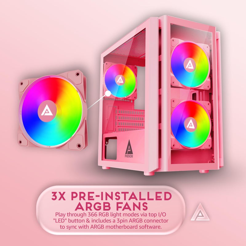 APEVIA حافظة ألعاب Apevia Phenom-PK Micro-ATX مع 3 مراوح ARGB بحجم 120 مم، 366 وضع إضاءة RGB، لوحة أمامية زجاجية واحدة، دعم بطاقة رسومات 340 مم، 1 منفذ USB3.0، 2 منفذ USB 2.0، وردي - Image 3