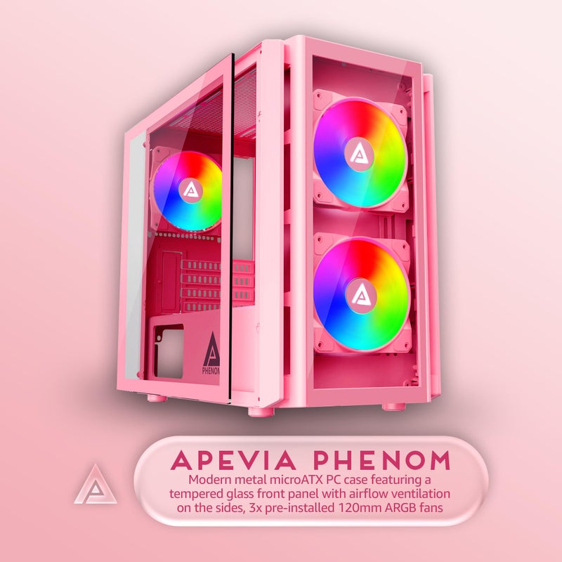 APEVIA حافظة ألعاب Apevia Phenom-PK Micro-ATX مع 3 مراوح ARGB بحجم 120 مم، 366 وضع إضاءة RGB، لوحة أمامية زجاجية واحدة، دعم بطاقة رسومات 340 مم، 1 منفذ USB3.0، 2 منفذ USB 2.0، وردي - Image 2