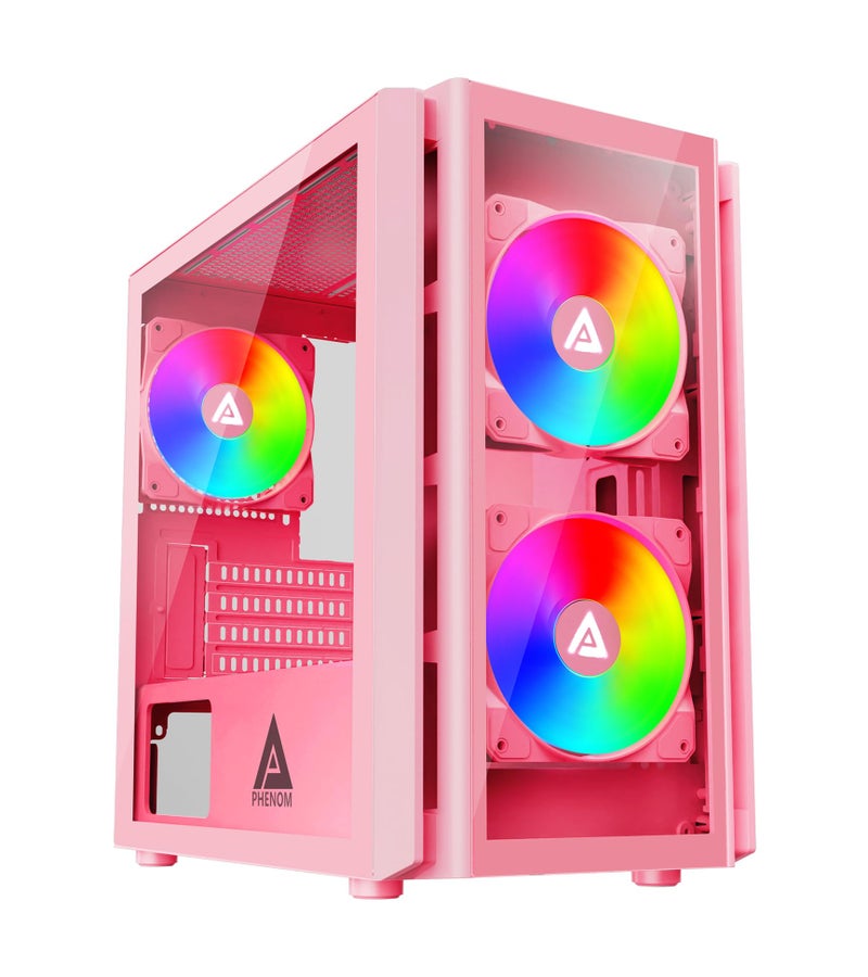 APEVIA حافظة ألعاب Apevia Phenom-PK Micro-ATX مع 3 مراوح ARGB بحجم 120 مم، 366 وضع إضاءة RGB، لوحة أمامية زجاجية واحدة، دعم بطاقة رسومات 340 مم، 1 منفذ USB3.0، 2 منفذ USB 2.0، وردي - Image 1