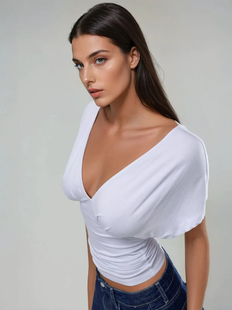 HICCUP Ruched V-Neck T-Shirt