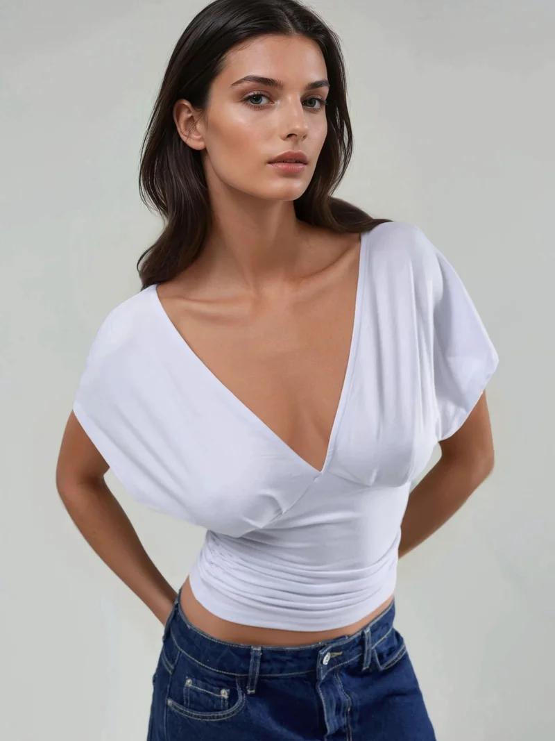 HICCUP Ruched V-Neck T-Shirt