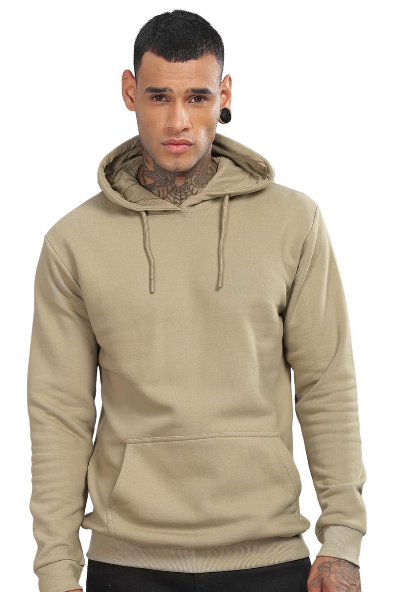 ADRO Men's Cotton Neck Hooded Sweatshirt (H24-PLN-BE_Beige - Image 1