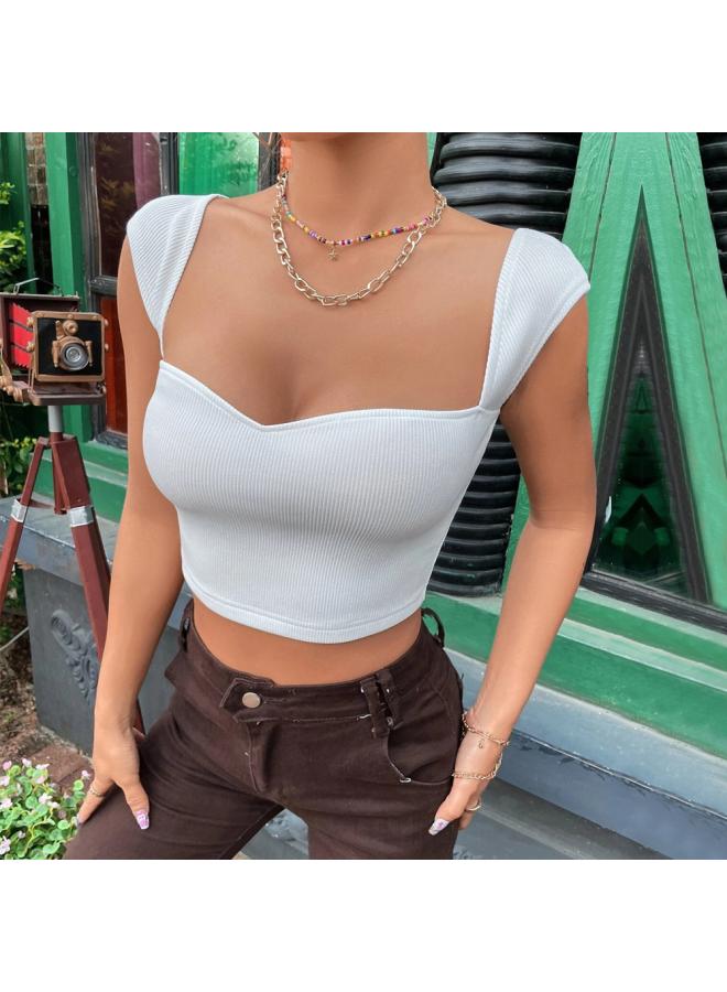 European And American Women's New Net Red Style Slim Square Collar Ultra Short Sleeveless T-shirt Vest Top