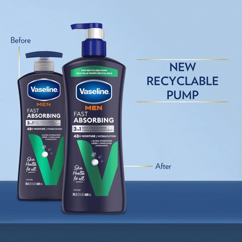 Vaseline لوشن فازلين للرجال لترطيب اليدين والجسم للبشرة الجافة أو المتشققة، لوشن سريع الامتصاص وغير دهني للرجال، 20.3 أونصة، عبوة من 3 قطع - Image 2