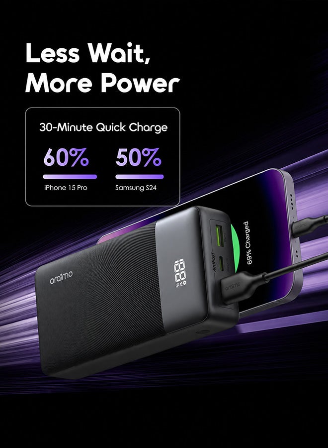 Oraimo 20000 mAh 20000mAh Large Capacity Power Bank Portable Charger – 22.5W Fast Charging With Cable, Two-Way Wired USB-C and USB-A ports Simultaneous Charging for Smartphones, Tablets, Gaming Devices, Bluetooth & More – Compact, Travel-Friendly, Slim fit, With Digital Display for On-the-Go Power Anywhere - OPB-7200Q Speed Black - Image 2