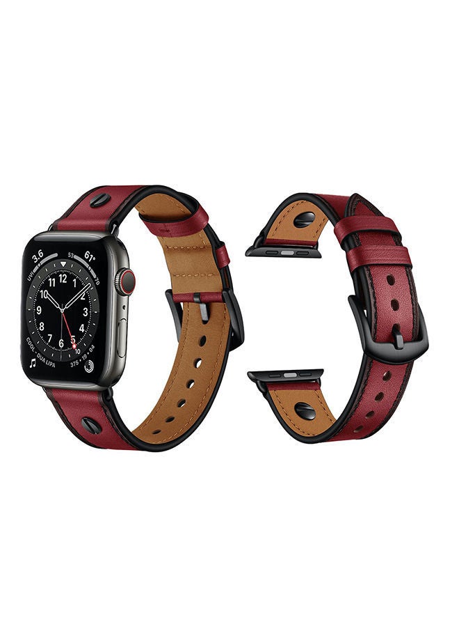 NIBEMINENT One Rivet Leather Replacement Band For Apple Watch Series 6/SE/5/4/3/2/1 Wine Red