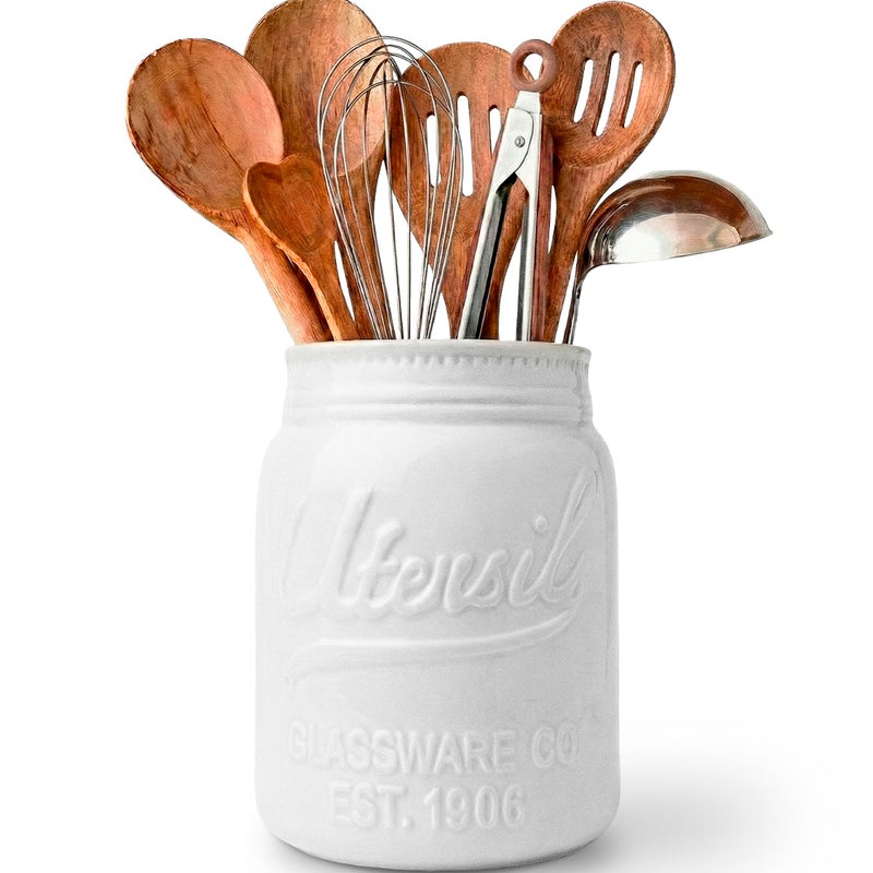 Comfify Wide Mouth Mason Jar Utensil Holder Decorative Kitchenware Organizer Crock - Perfect Cookware Gift - White, Large Size 5.4x6.75 - Image 1