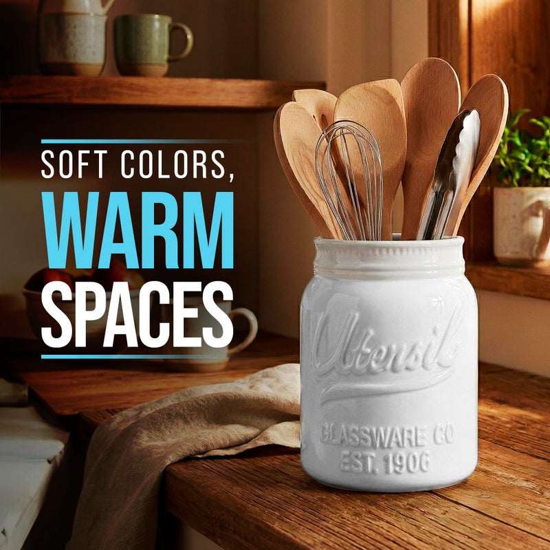 Comfify Wide Mouth Mason Jar Utensil Holder Decorative Kitchenware Organizer Crock - Perfect Cookware Gift - White, Large Size 5.4x6.75 - Image 5