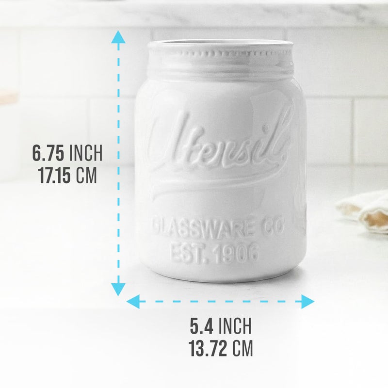 Comfify Wide Mouth Mason Jar Utensil Holder Decorative Kitchenware Organizer Crock - Perfect Cookware Gift - White, Large Size 5.4x6.75 - Image 3