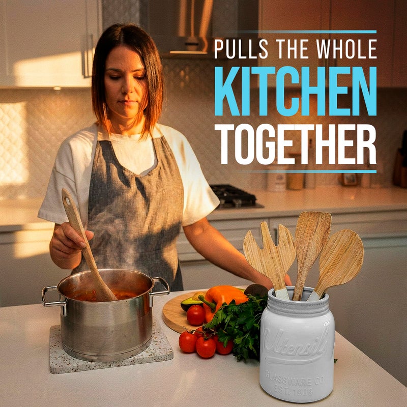 Comfify Wide Mouth Mason Jar Utensil Holder Decorative Kitchenware Organizer Crock - Perfect Cookware Gift - White, Large Size 5.4x6.75 - Image 4