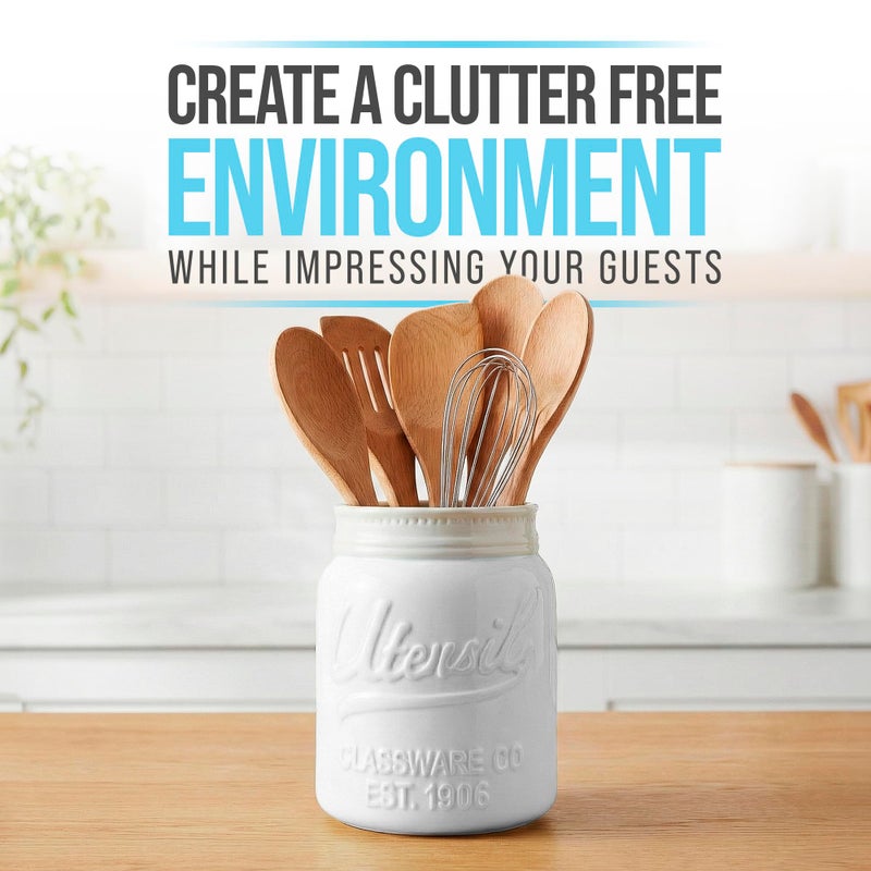 Comfify Wide Mouth Mason Jar Utensil Holder Decorative Kitchenware Organizer Crock - Perfect Cookware Gift - White, Large Size 5.4x6.75 - Image 2