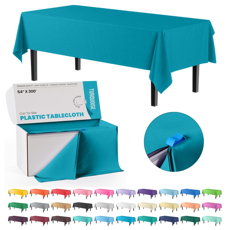 Party Solids Exquisite Party Solids 54 Inch X 300 Feet Turquoise Plastic Table Cover Roll in A Cut  to  Size Box with Convenient Slide Cutter Cuts Up to 36 Rectangle 8 Feet Plastic Disposable Tablecloths