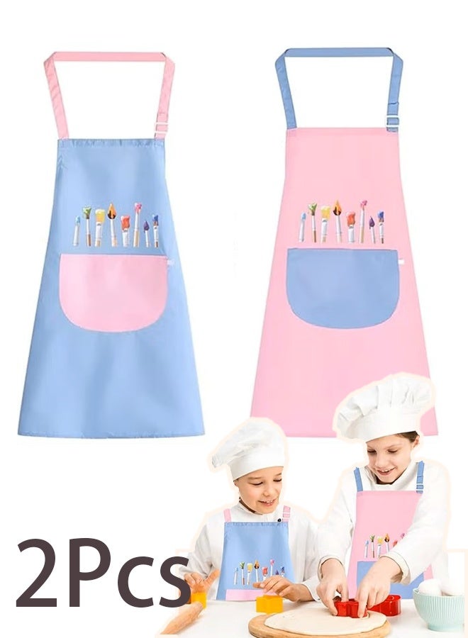 2 PCS Children's Apron, Adjustable Waterproof Art Apron with Pockets, Kids Painting Aprons for Cooking Painting Crafting Art Activity (Pink & Blue) - Image 1